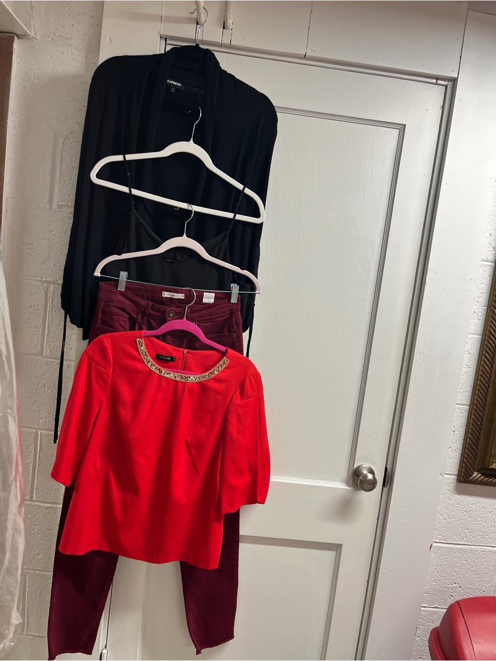 4 pc Express Black Sweater Cardigan/red beaded top/tank/jean